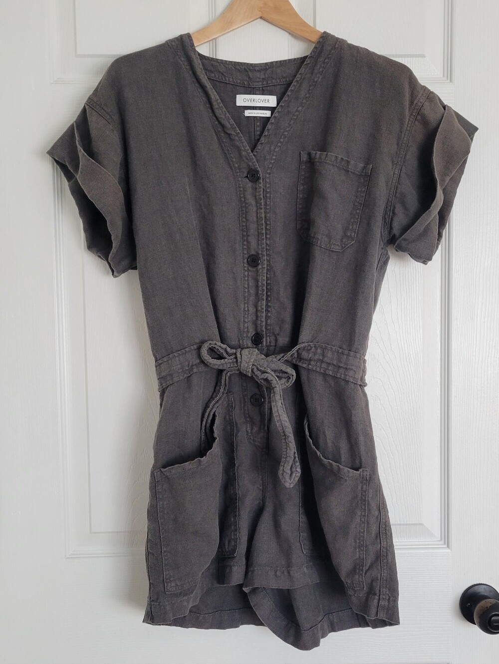 Overlover Gray Utility Button-Front 100% Linen Romper
